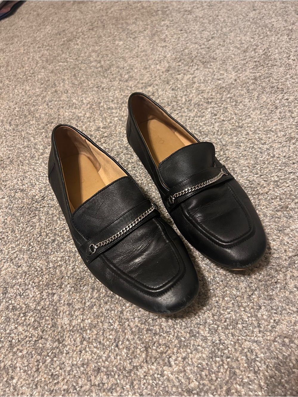Franco Sarto Black Leather Chain-Trim Slip-On Loafers